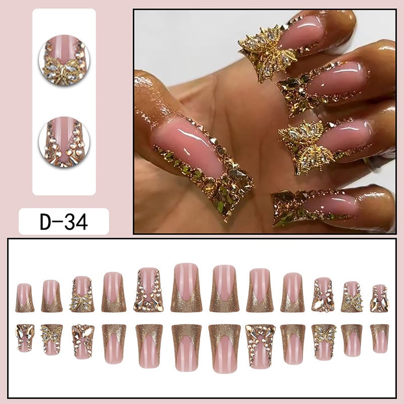 CJDLTS Gold Rhinestones Butterfly Press on Nails Medium Duckbill Design Coffin Full Cover Artificial Acrylic French Stick on DIY Glue on for Women Manicure Kit - Image 3